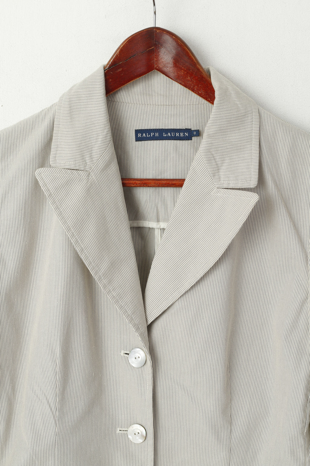 Giacca da tasca casual leggera in cotone a righe grigie da donna Ralph Lauren 8 S