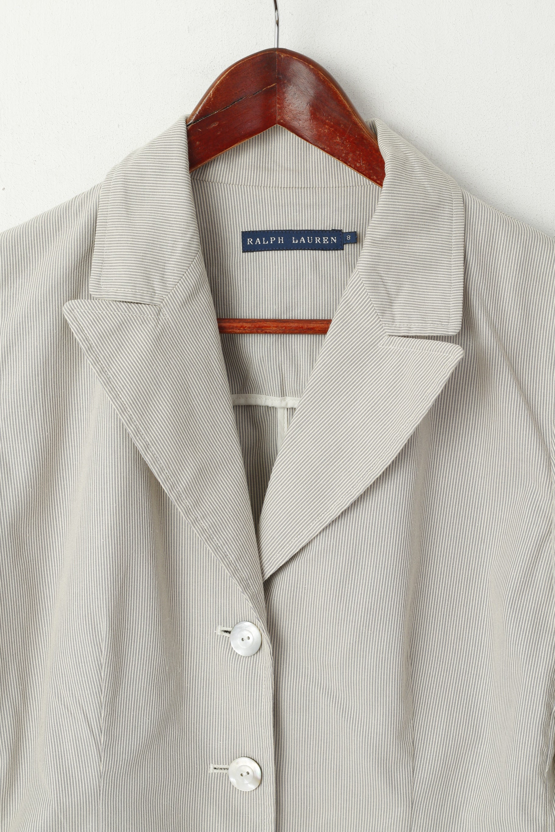 Giacca da tasca casual leggera in cotone a righe grigie da donna Ralph Lauren 8 S