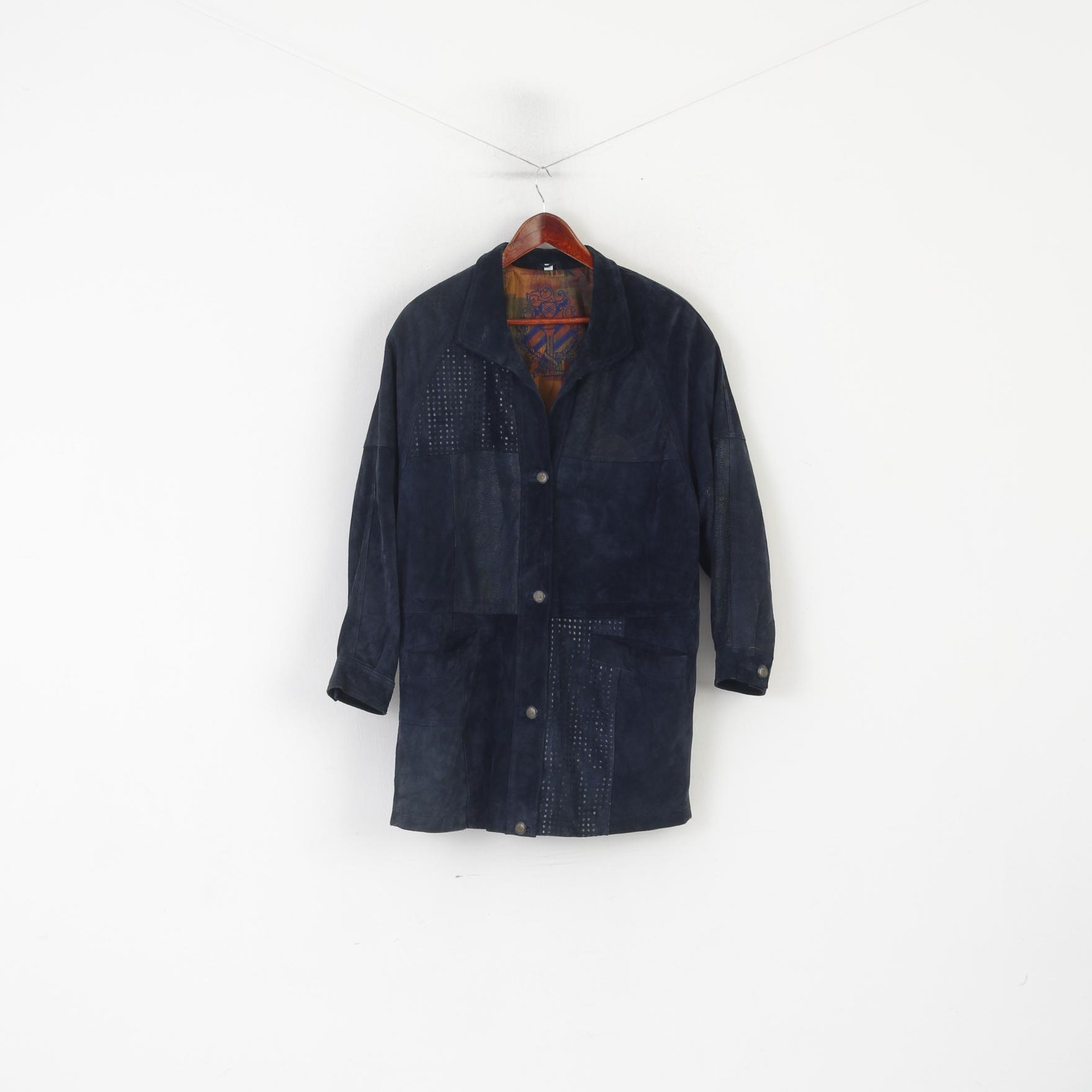 Great Outdoors Veste 38 L en cuir bleu marine brillant avec épaulettes vintage pour femme