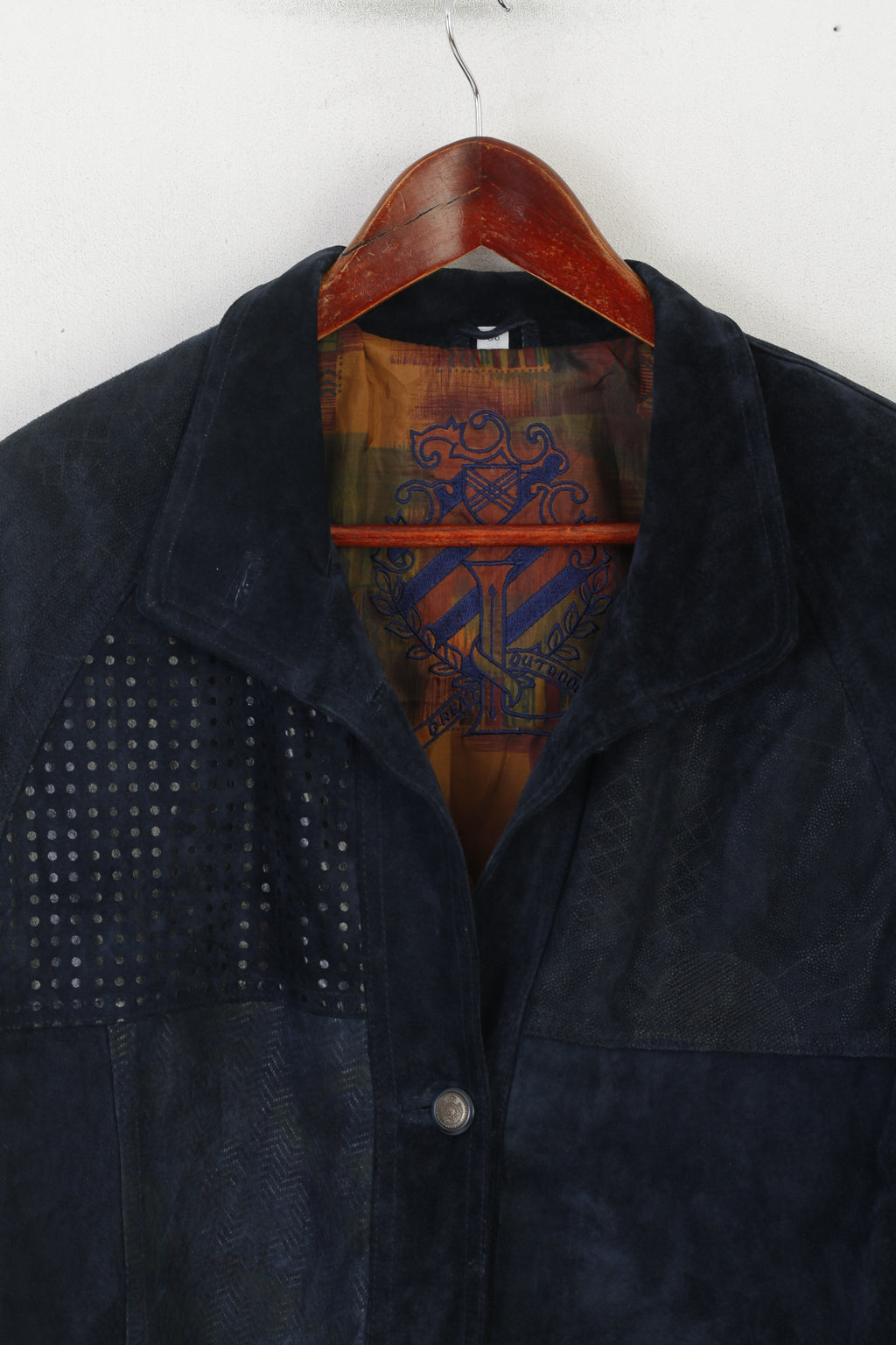 Great Outdoors Veste 38 L en cuir bleu marine brillant avec épaulettes vintage pour femme