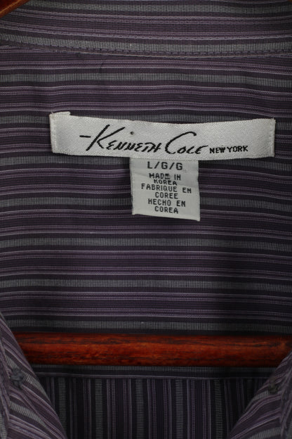 Kenneth Cole Mens L Casual Shirt Purple Striped Cotton Long Sleeve Top
