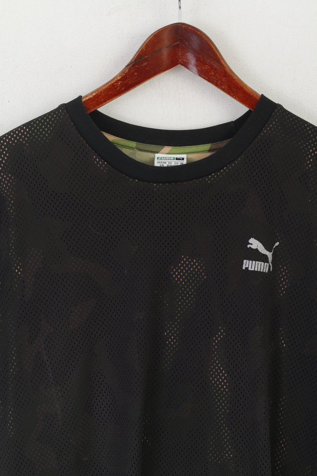 Puma Men L Shirt Black Mesh Green Army Moro Army Jersey Crew Neck Top