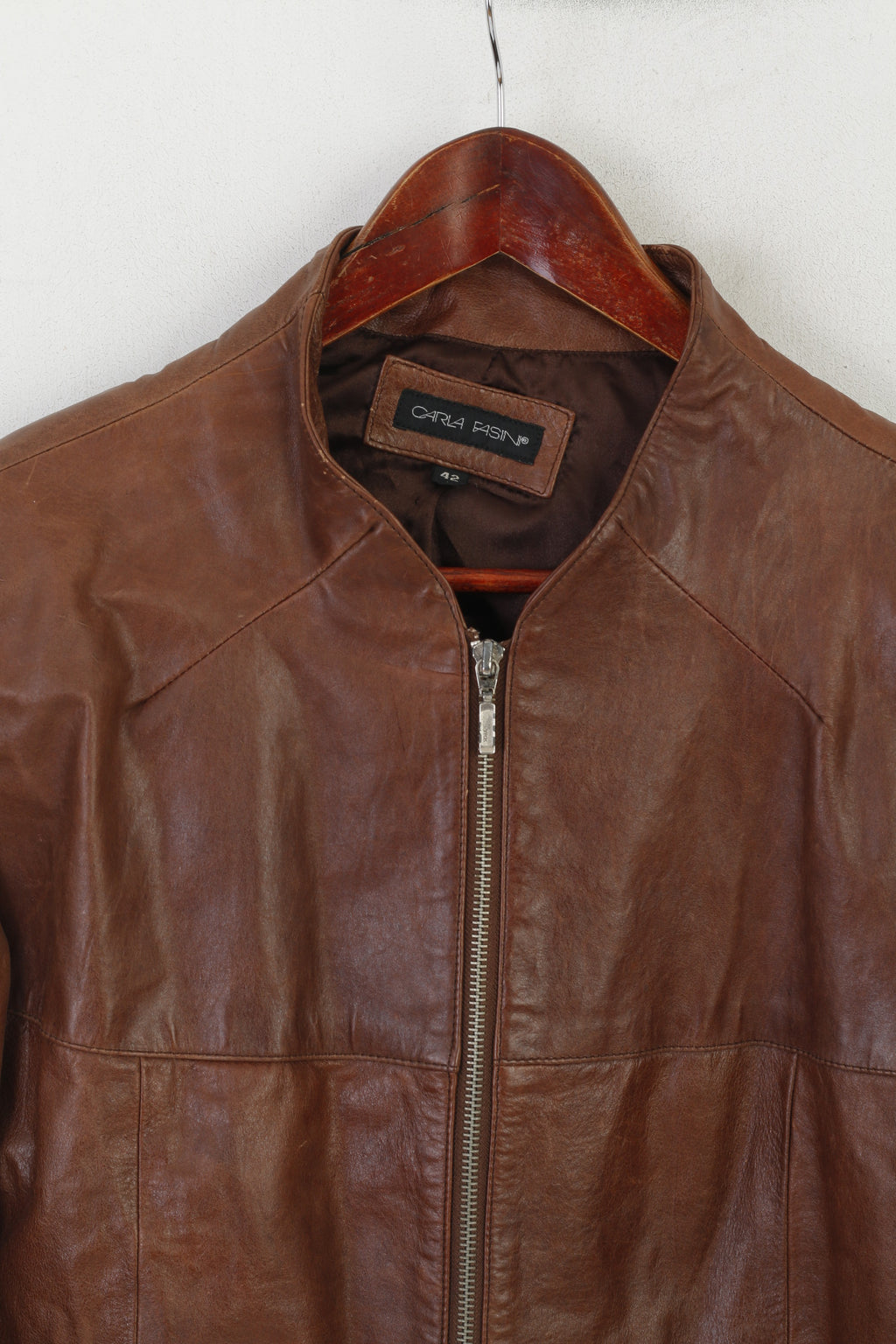 Carla Fasini Women 42 L Jacket Brown Leather Biker Full Zipper Vintage Top