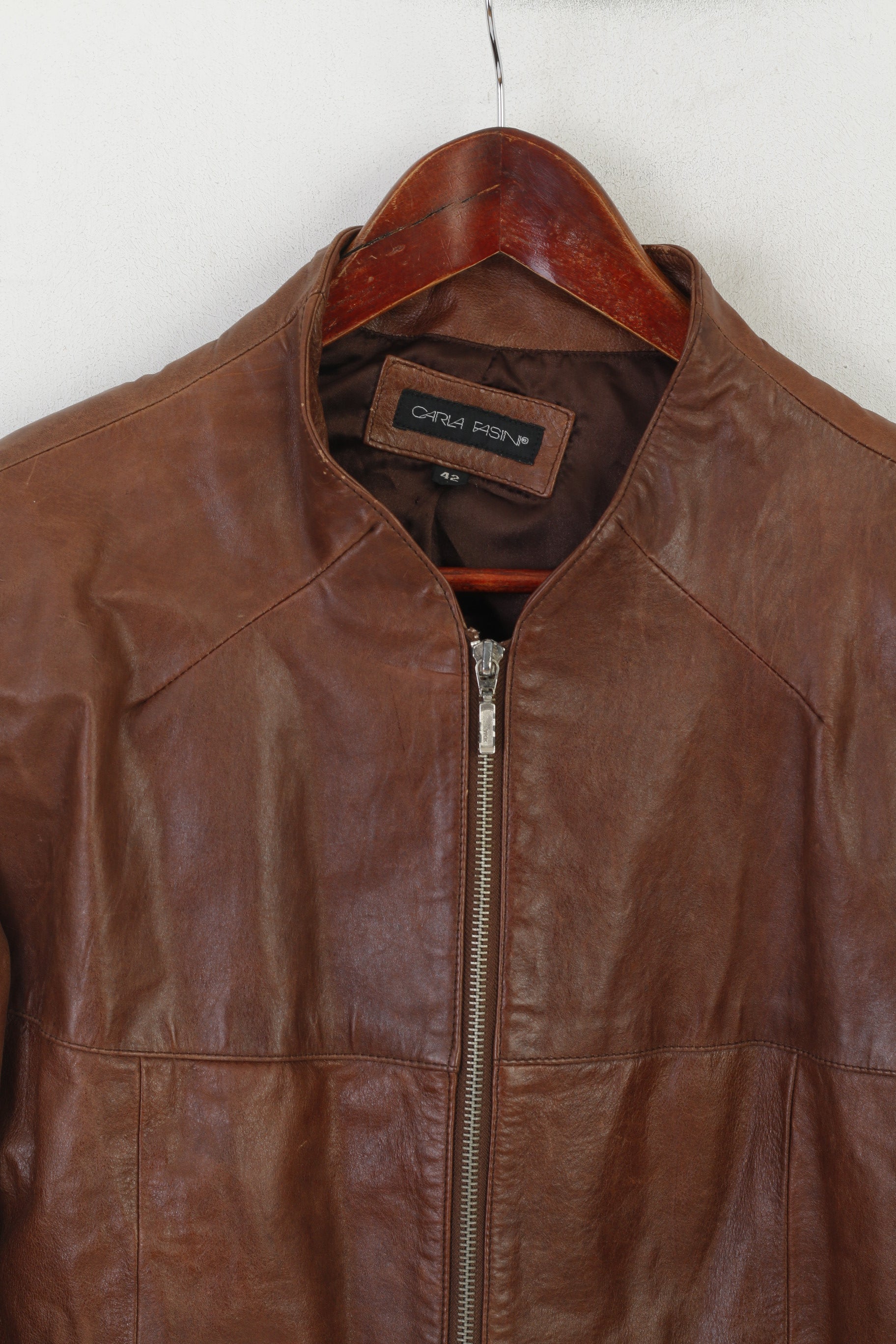 Carla Fasini Femmes 42 L Veste Marron Cuir Biker Pleine Fermeture Éclair Vintage Top