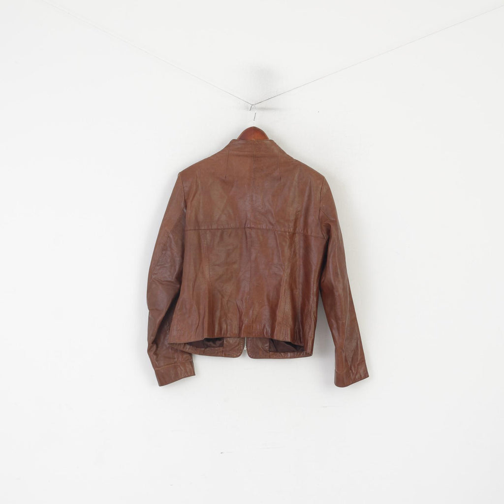 Carla Fasini Women 42 L Jacket Brown Leather Biker Full Zipper Vintage Top