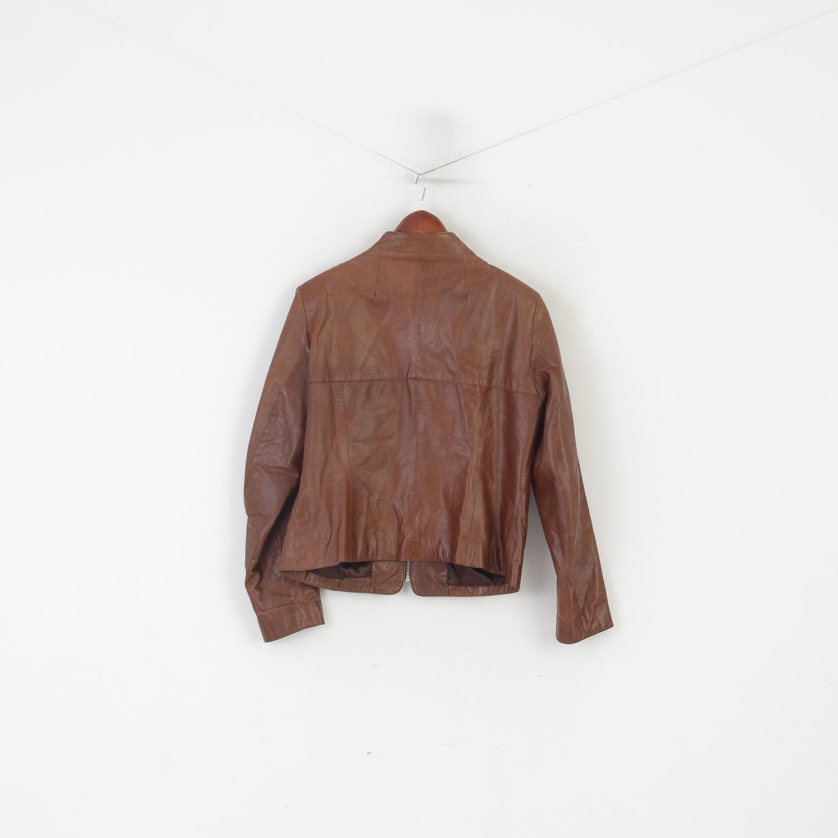Carla Fasini Women 42 L Jacket Brown Leather Biker Full Zipper Vintage Top