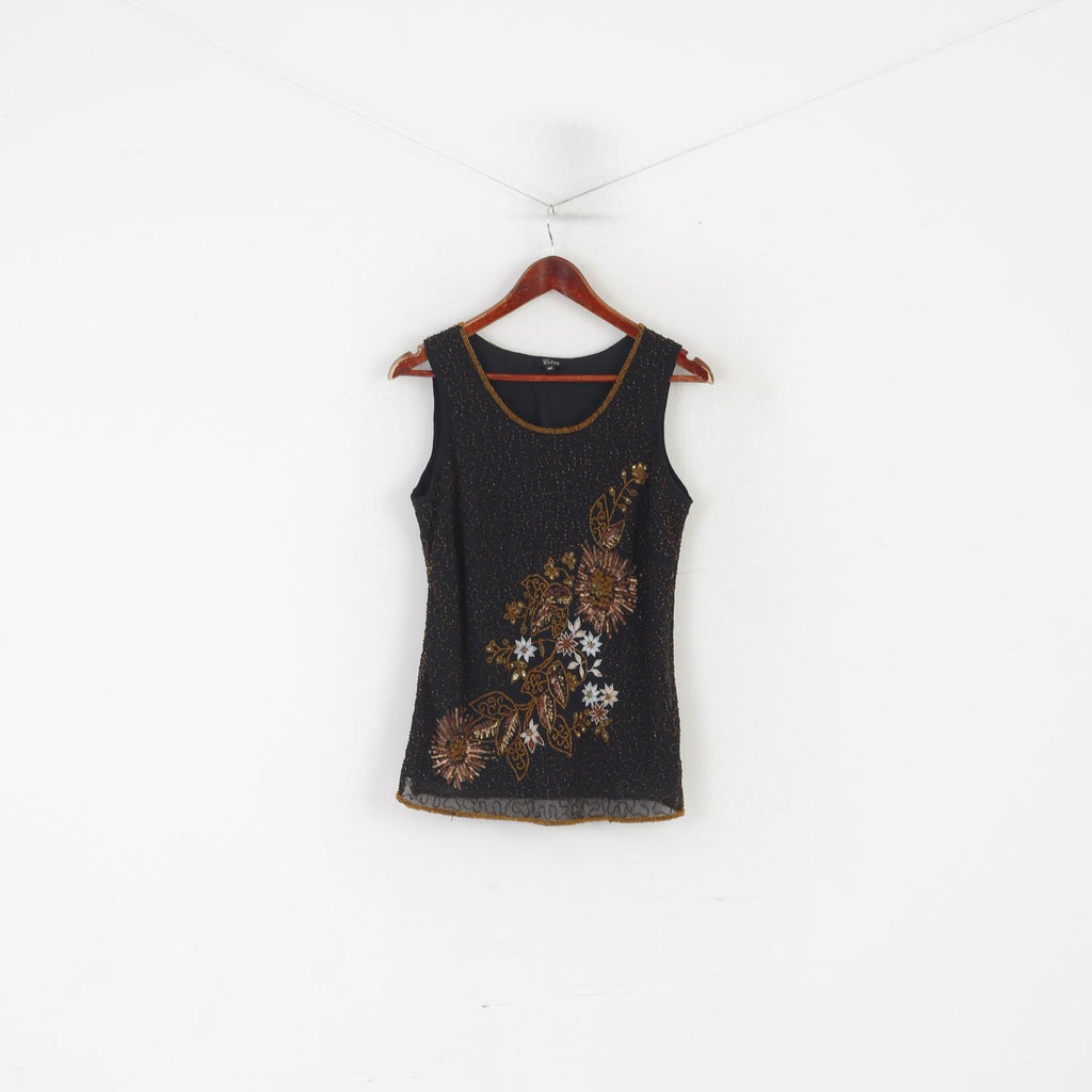Celina Exclusive Women 40 M Shirt Black Floral Beads Shiny Elegant Tank Top