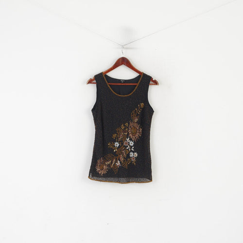 Celina Exclusive Women 40 M Shirt Black Floral Beads Shiny Elegant Tank Top