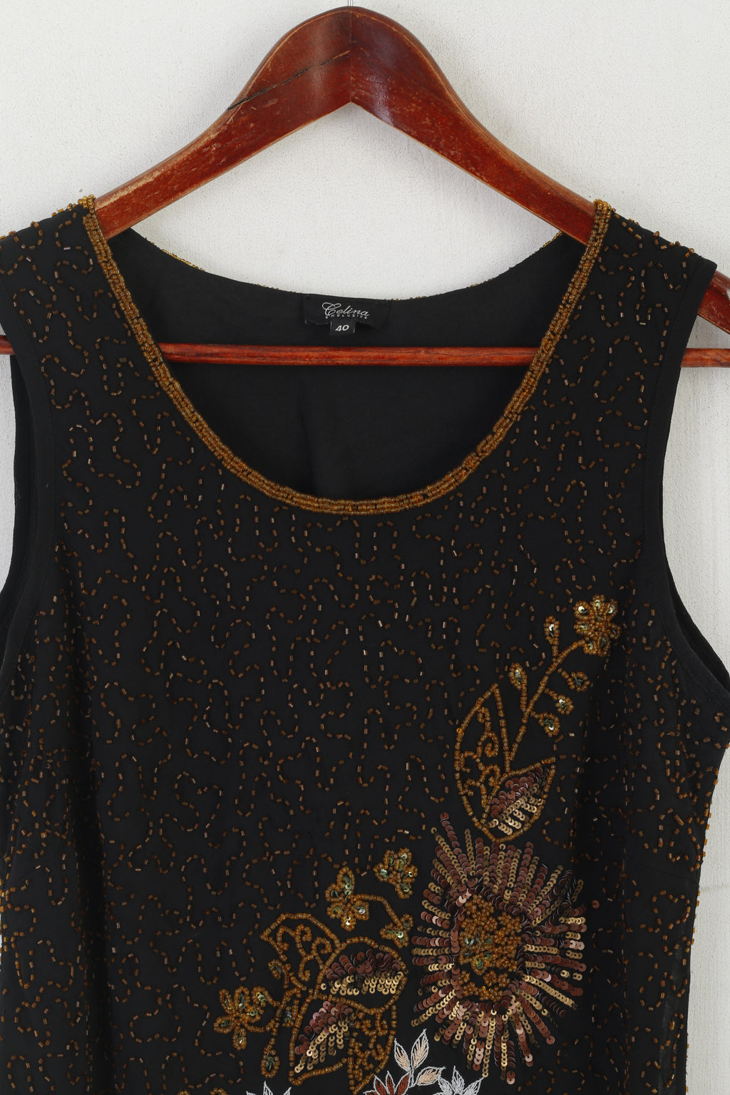 Camicia Celina Exclusive da donna 40 M Canotta nera con perline floreali lucide ed eleganti