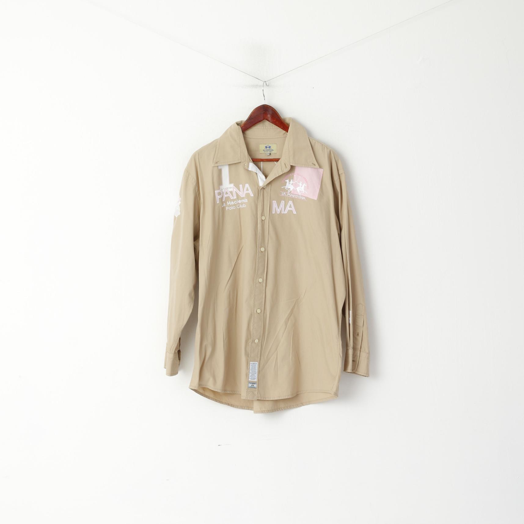 Camicia casual da uomo 3XL La Martina Polo in cotone beige Top Argentino Pana Polo Club