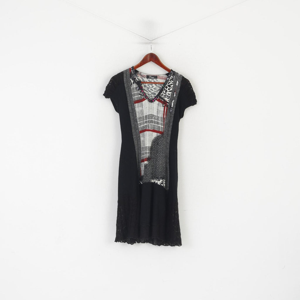 Peruggi Robe Femme Laine Noire Vintage Col V Translucide Stretch Fabriqué en Italie