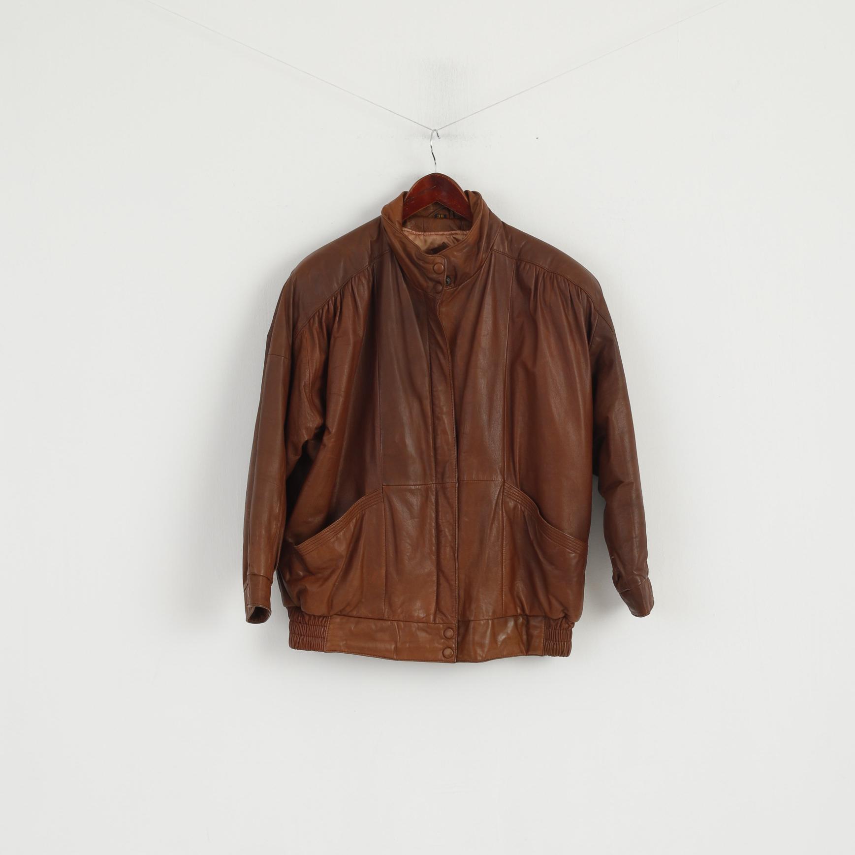 Janbell Women 38 Jacket Brown Leather Vintage Bomber Full Zipper Biker Top