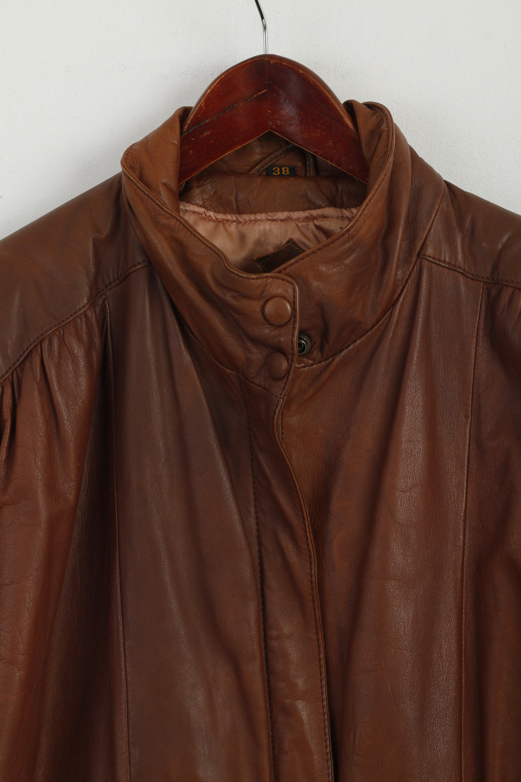 Janbell Women 38 Jacket Brown Leather Vintage Bomber Full Zipper Biker Top
