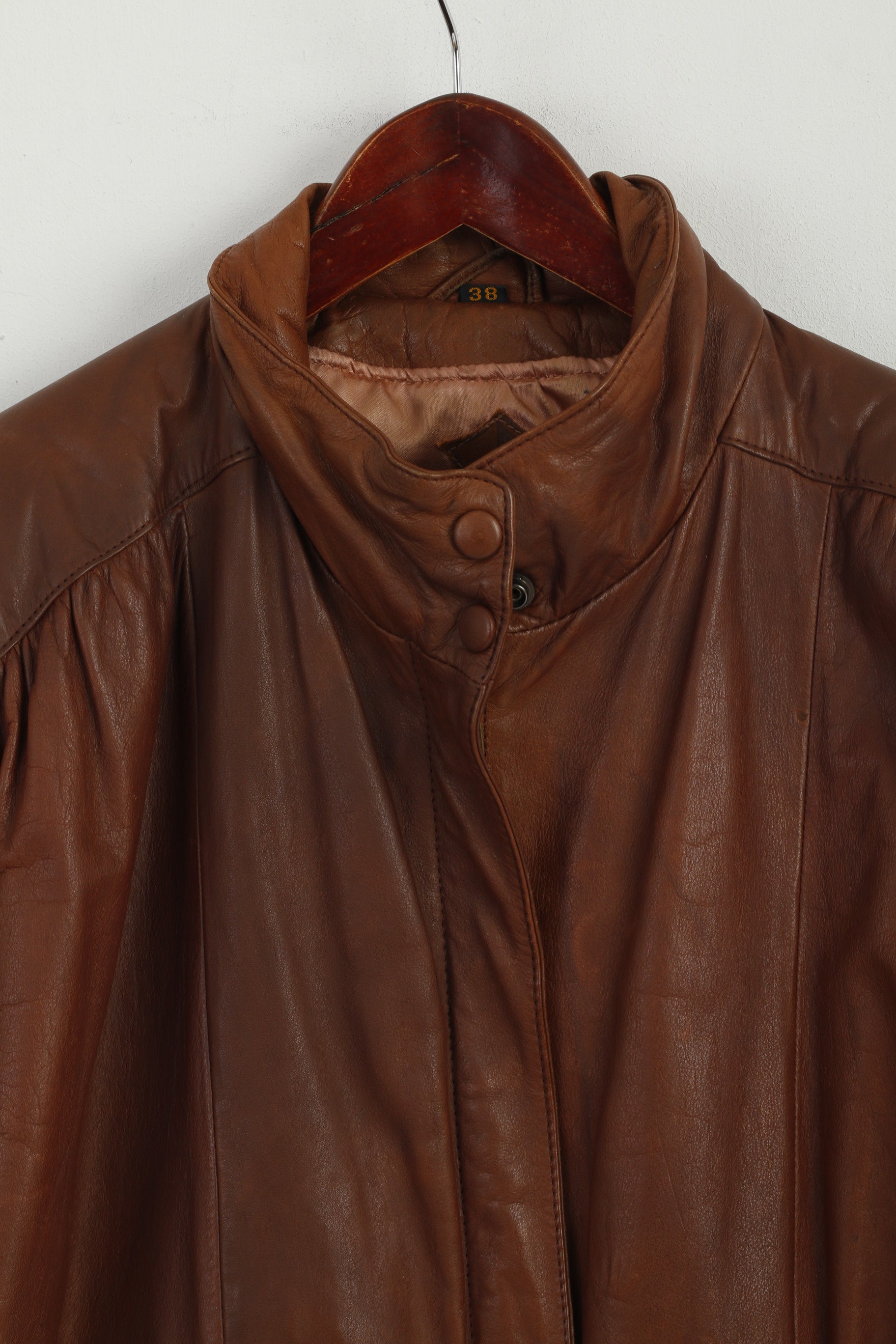 Janbell Women 38 Jacket Brown Leather Vintage Bomber Full Zipper Biker Top