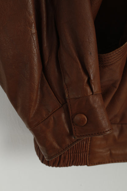 Janbell Women 38 Jacket Brown Leather Vintage Bomber Full Zipper Biker Top