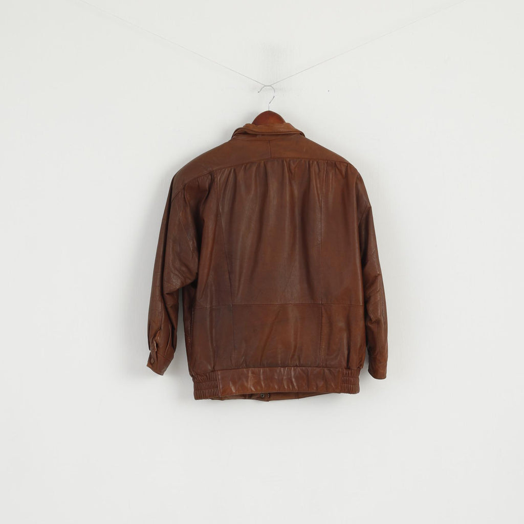 Janbell Women 38 Jacket Brown Leather Vintage Bomber Full Zipper Biker Top
