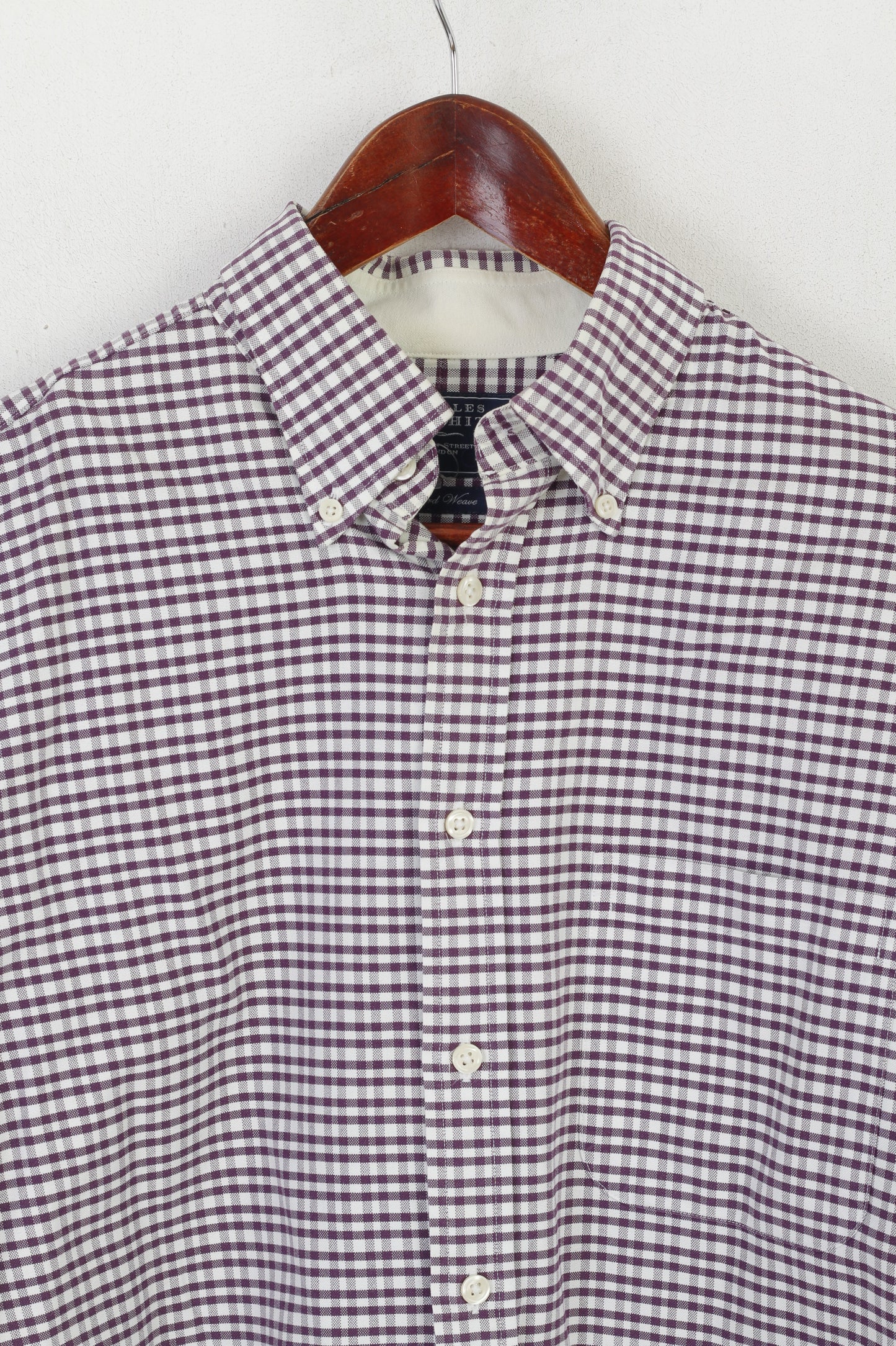 Charles Tyrwhitt Men M Casual Shirt Puple Check Cotton Long Sleeve Retro Top