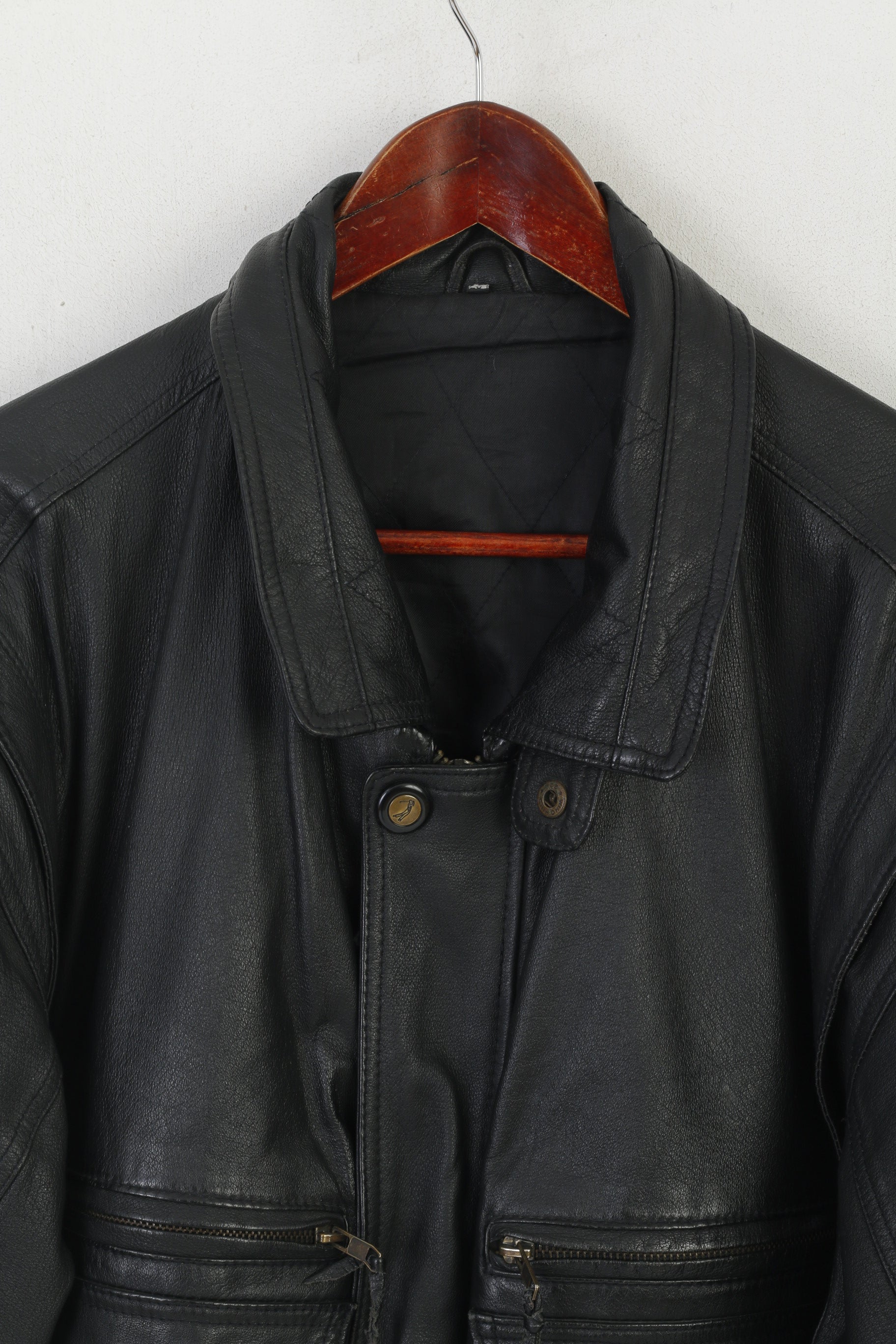 Wing Hing Men 56 XL Jacket Black Leather Bomber Vintage Zip Up Classic Top