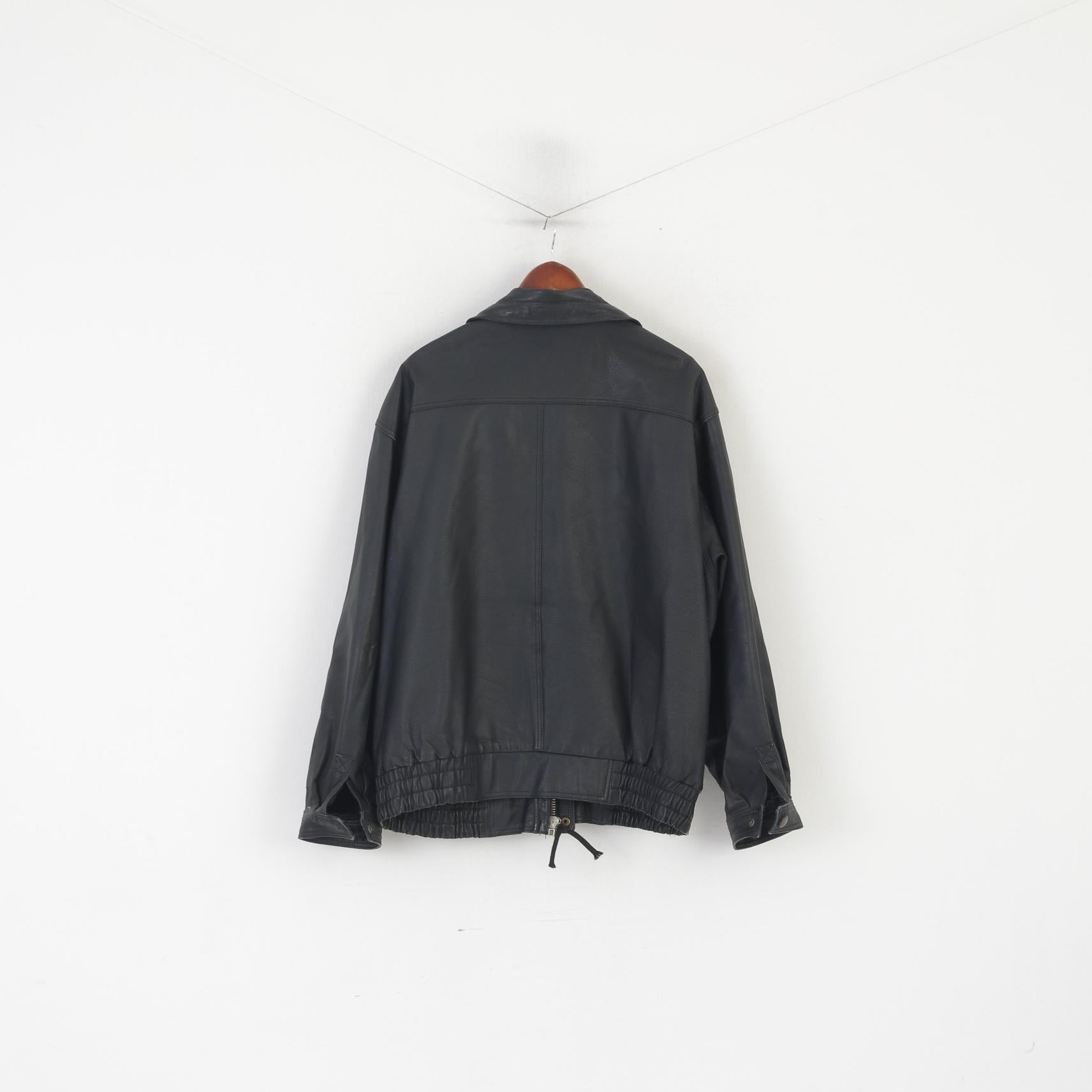 Wing Hing Men 56 XL Jacket Black Leather Bomber Vintage Zip Up Classic Top
