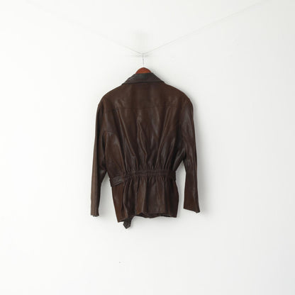 Lindbergh Women 40 M Leather Jacket Ramones Brown Soft Skin Full Zipper Retro Top