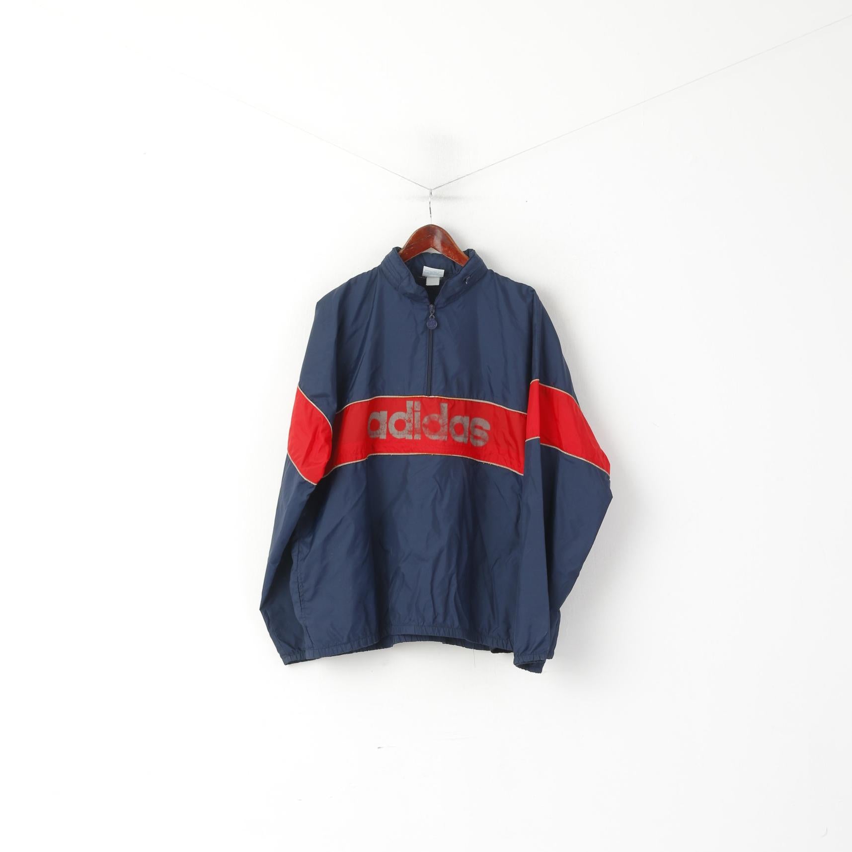 Giacca pullover Adidas da uomo XL blu scuro vintage con zip collo cappuccio nascosto top riflettente