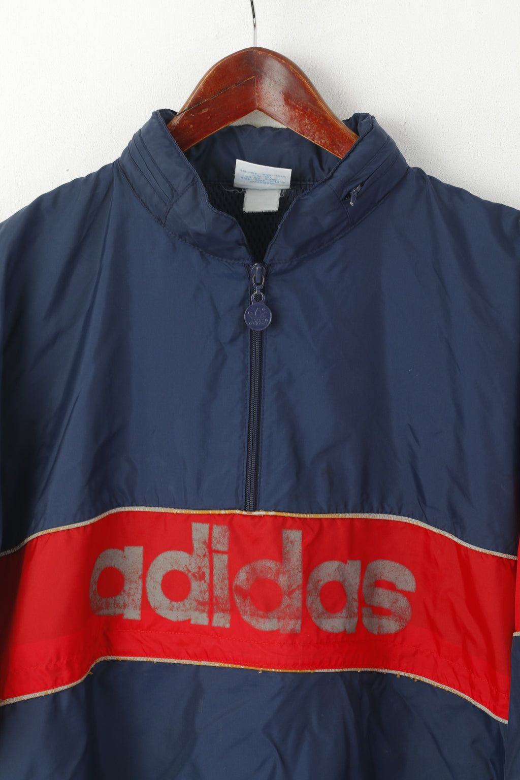 Adidas Men XL Pullover Jacket Navy Vintage Zip Neck Hidden Hood Reflective Top