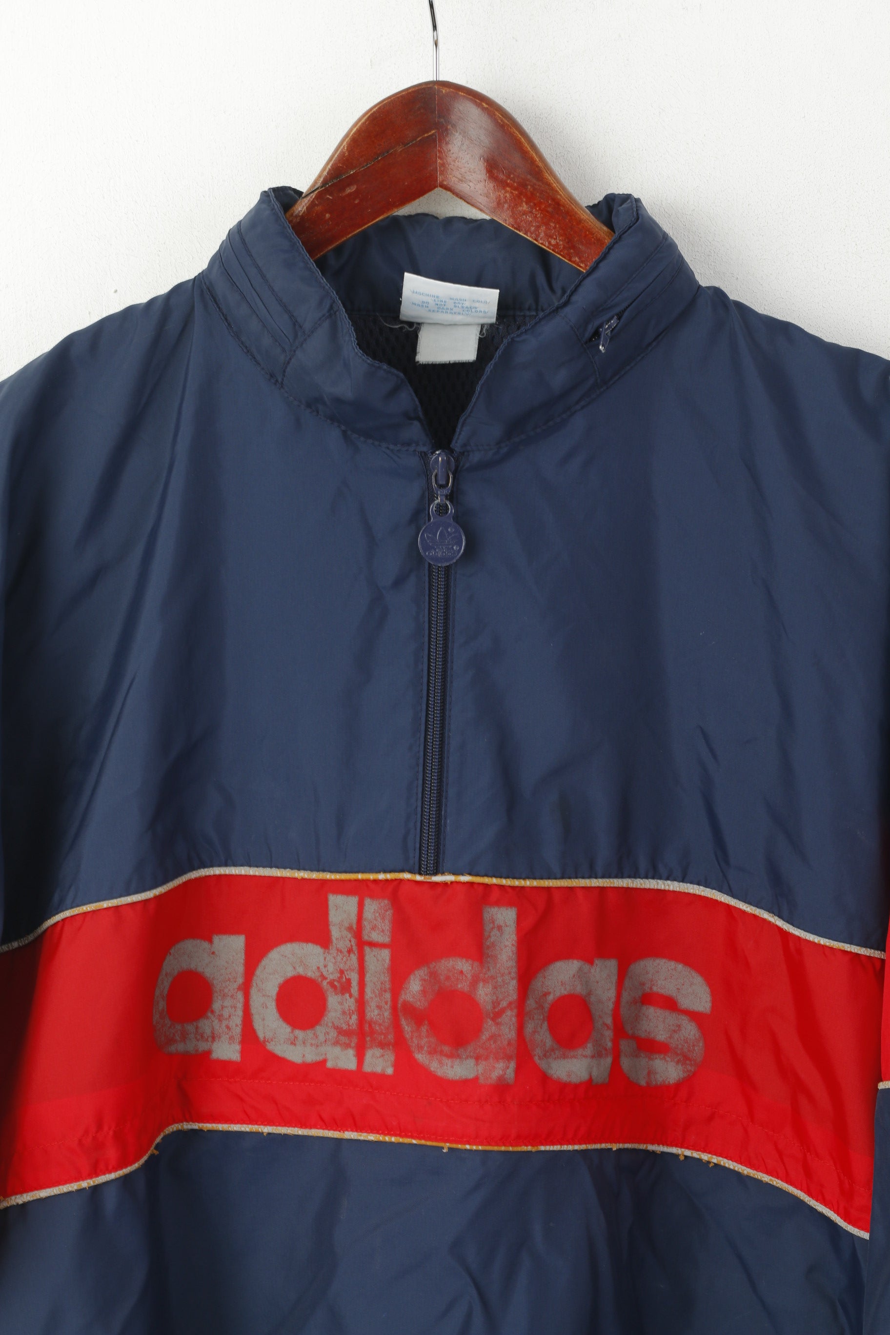 Giacca pullover Adidas da uomo XL blu scuro vintage con zip collo cappuccio nascosto top riflettente