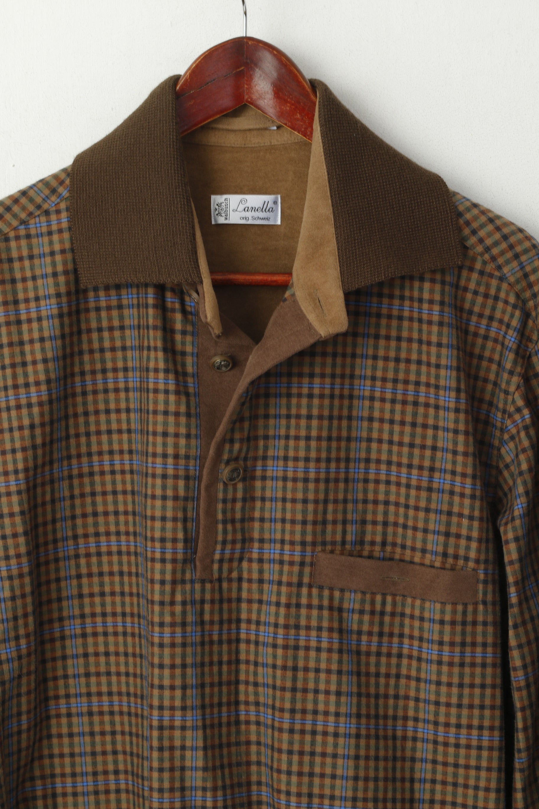 Walbusch Lanella Uomo 52 L Maglione Marrone a quadri Colletto in cotone Camicetta classica retrò
