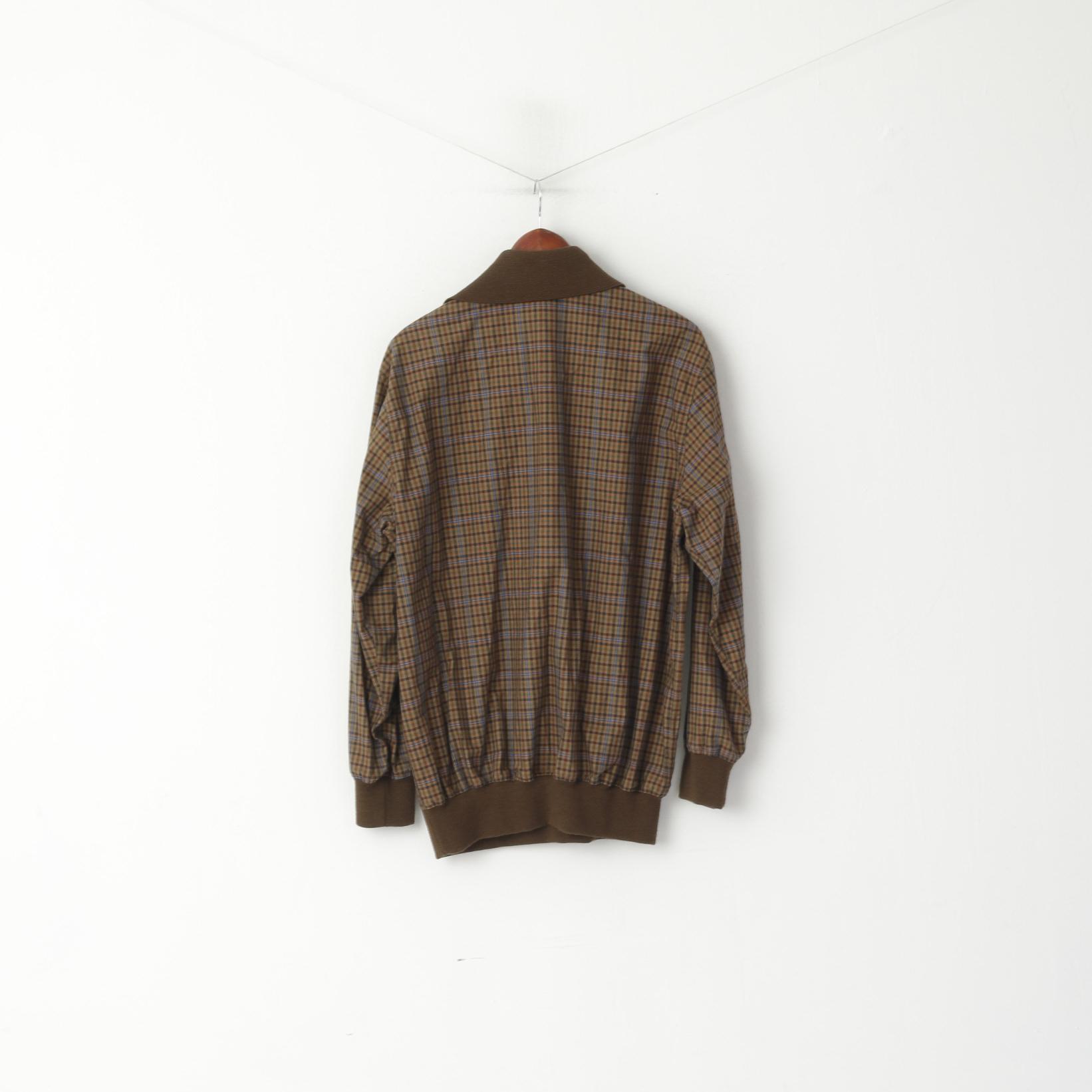 Walbusch Lanella Uomo 52 L Maglione Marrone a quadri Colletto in cotone Camicetta classica retrò