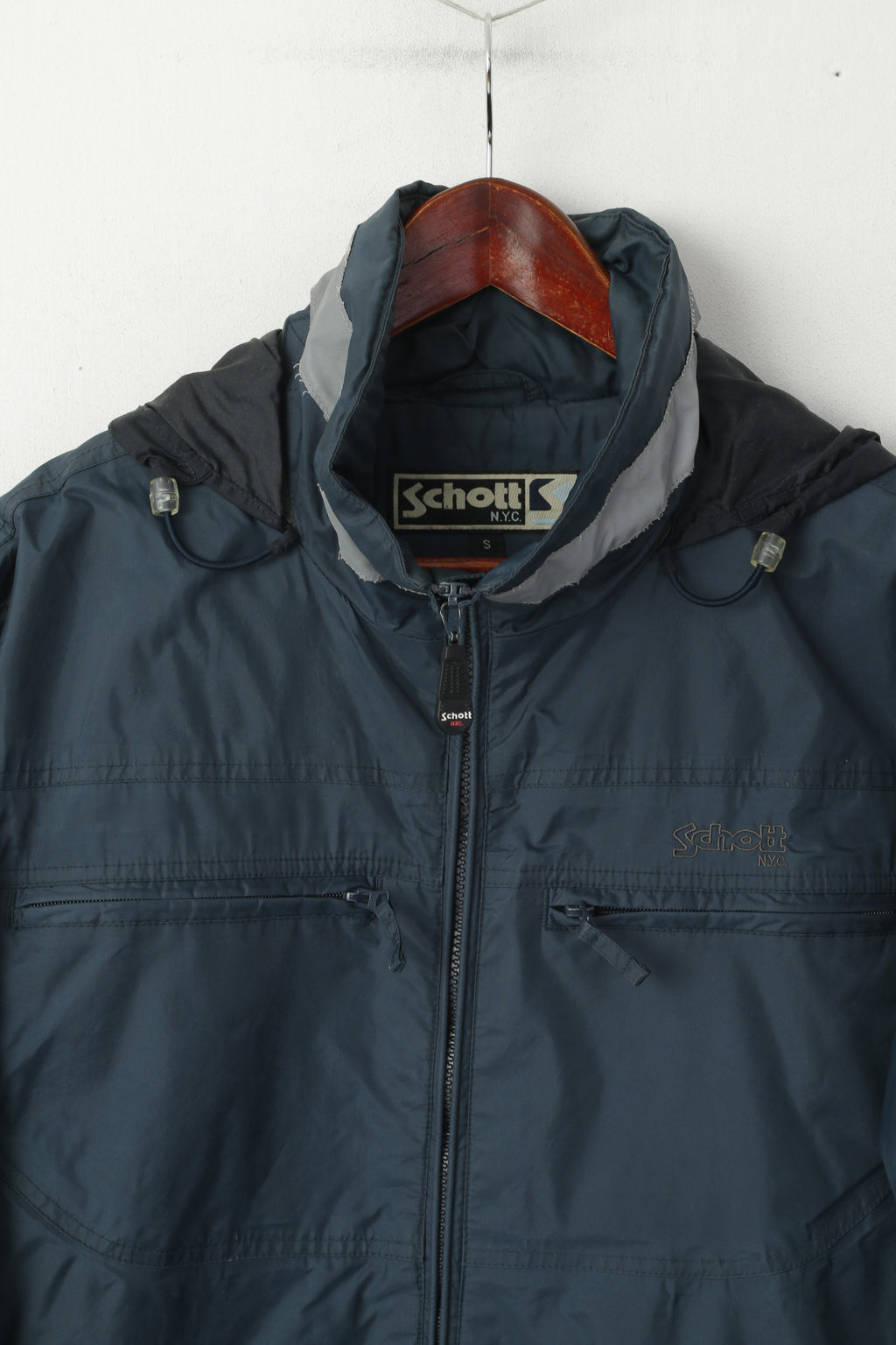 Giacca da uomo Schott NYC, collo riflettente in nylon blu mare, cappuccio nascosto con cerniera