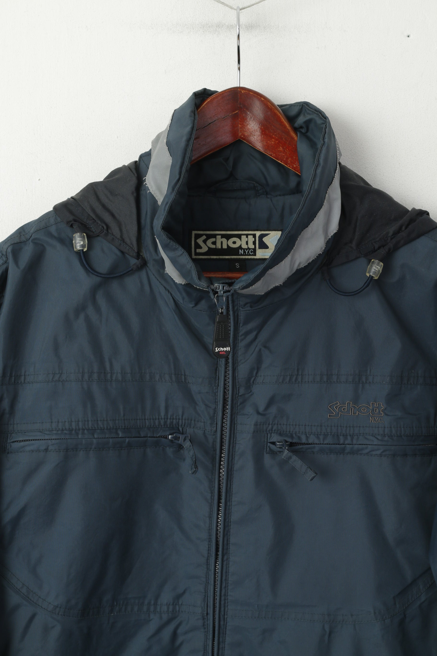 Giacca da uomo Schott NYC, collo riflettente in nylon blu mare, cappuccio nascosto con cerniera