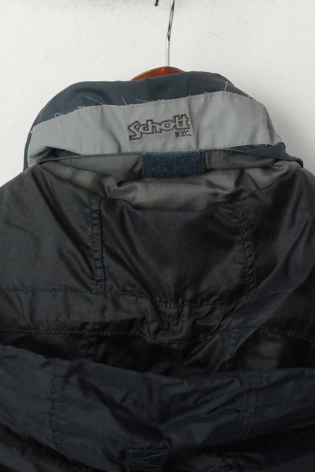 Giacca da uomo Schott NYC, collo riflettente in nylon blu mare, cappuccio nascosto con cerniera