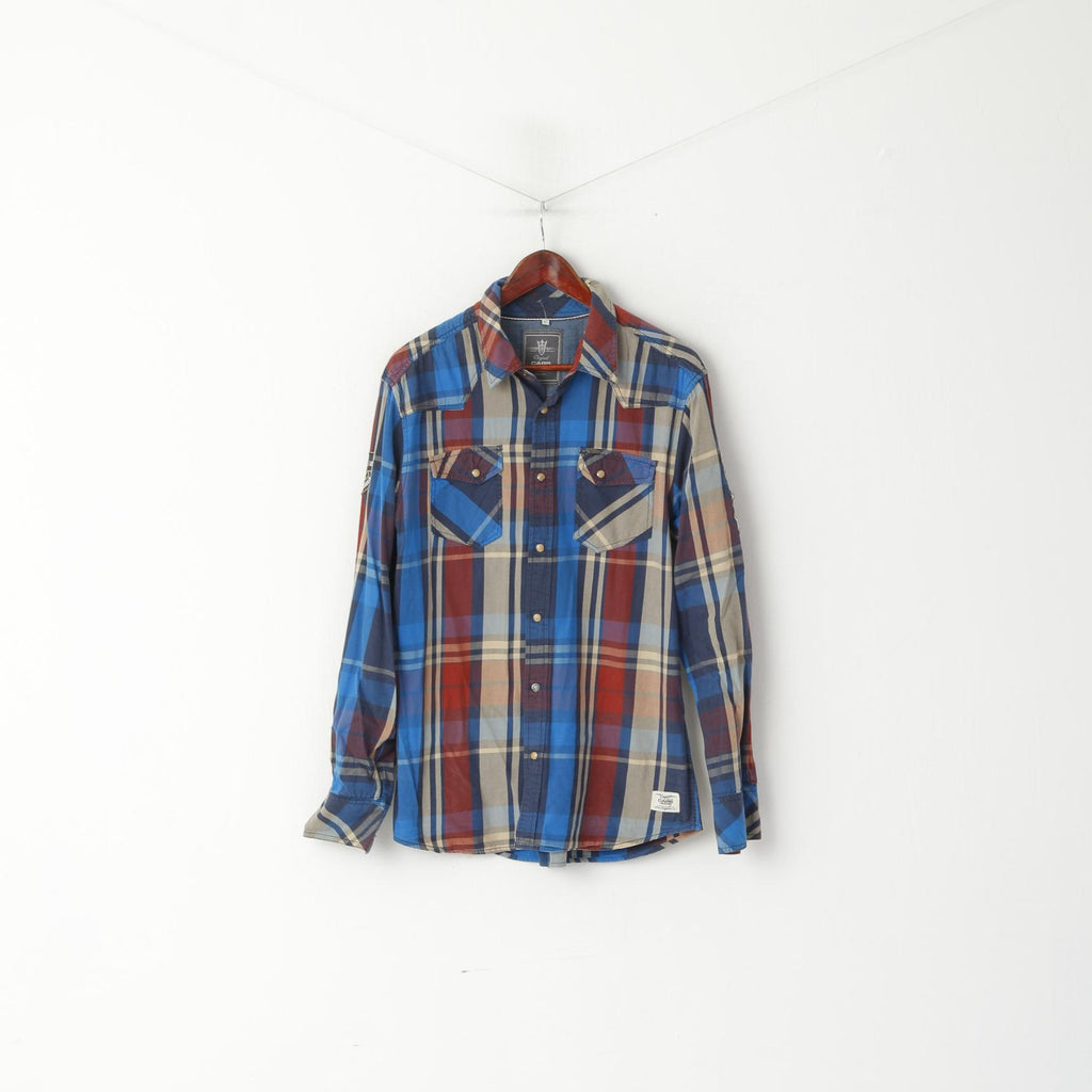 Cars Jeans Uomo L Camicia casual Top a maniche lunghe con tasca a scatto in cotone a quadri multicolori