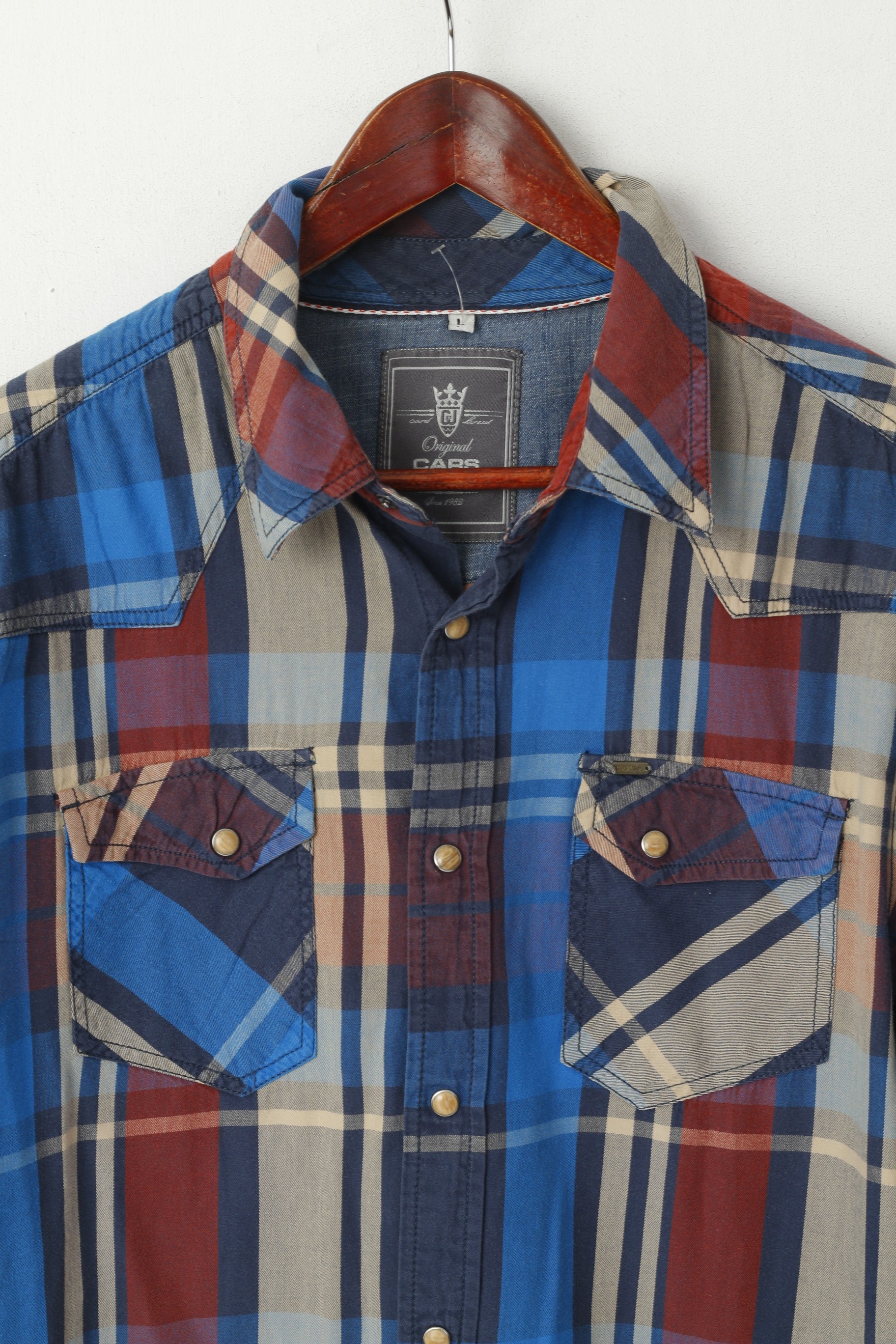 Cars Jeans Uomo L Camicia casual Top a maniche lunghe con tasca a scatto in cotone a quadri multicolori