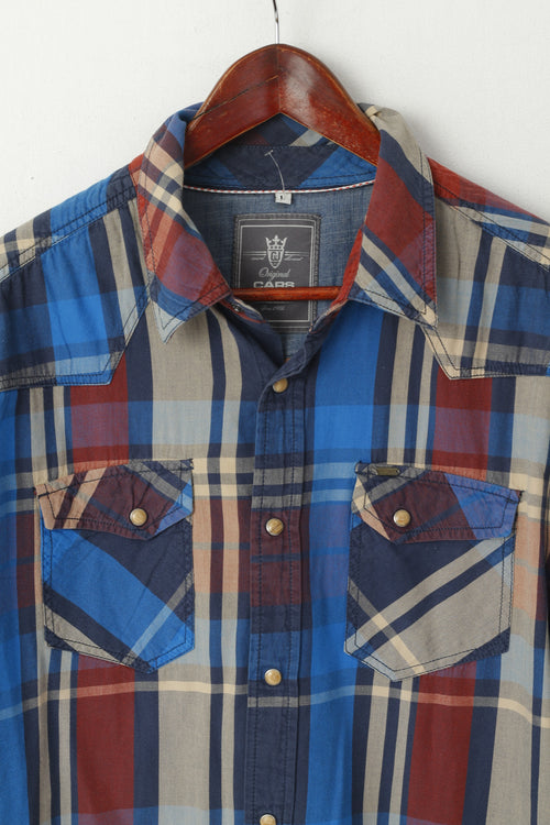 Cars Jeans Uomo L Camicia casual Top a maniche lunghe con tasca a scatto in cotone a quadri multicolori