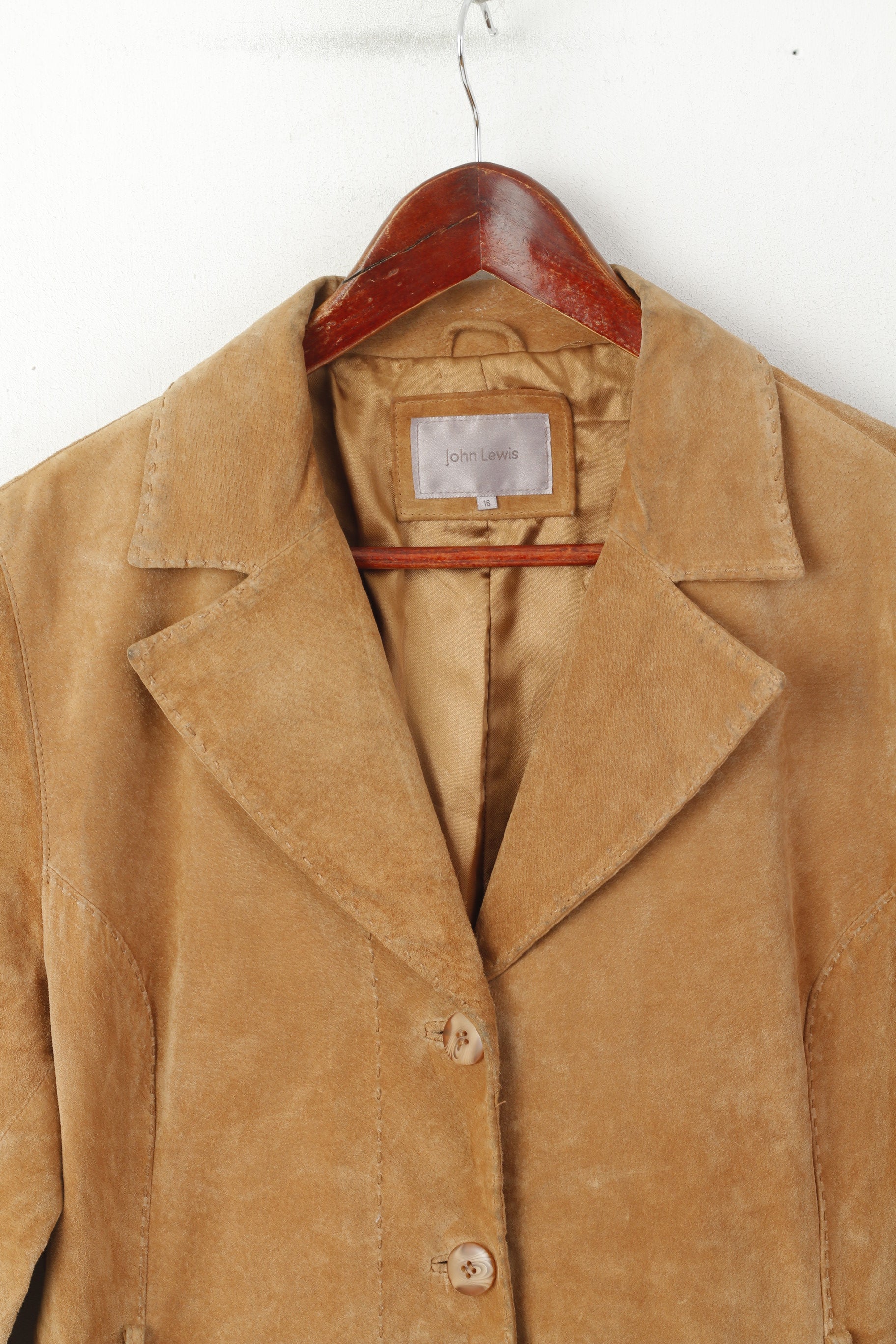 Giacca John Lewis da donna 16 L Cappotto vintage in pelle scamosciata monopetto in pelle scamosciata color cammello