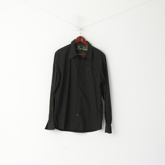 DC Men L Casual Shirt Black Green Striped Cotton Snap Stretch Long Sleeve Top
