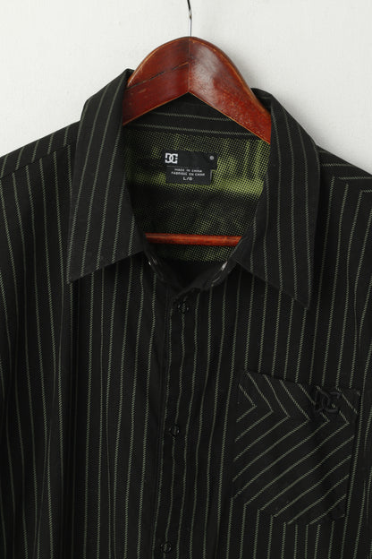 DC Men L Casual Shirt Black Green Striped Cotton Snap Stretch Long Sleeve Top