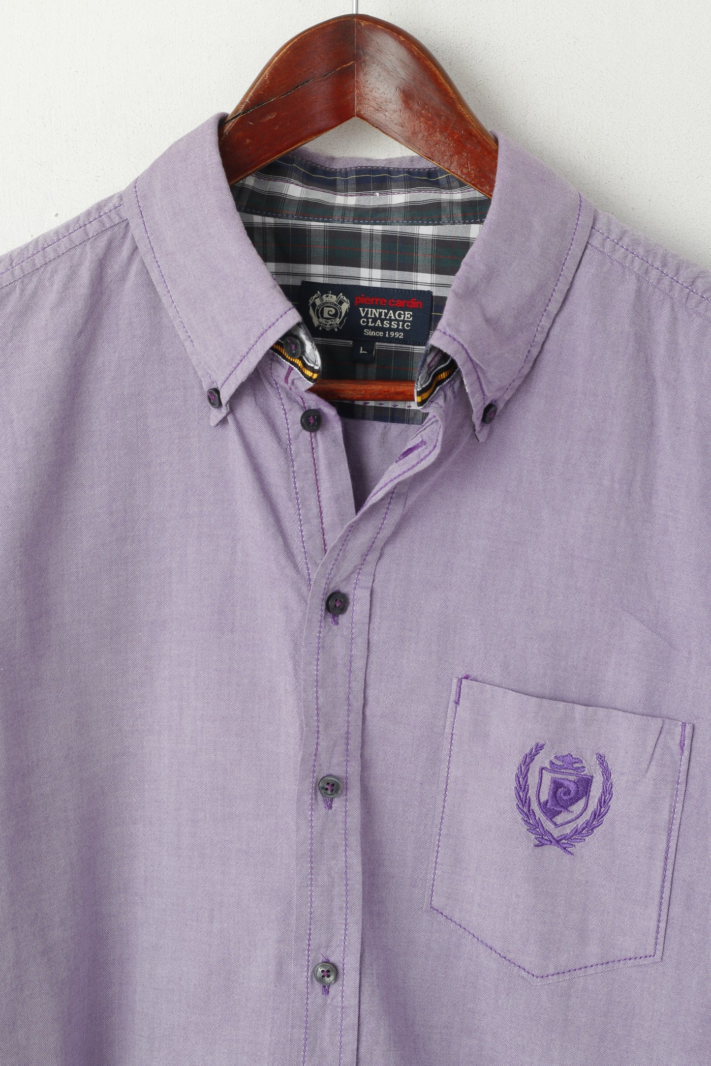 Pierre Cardin Camicia casual da uomo L Viola Top a maniche lunghe in cotone classico vintage viola