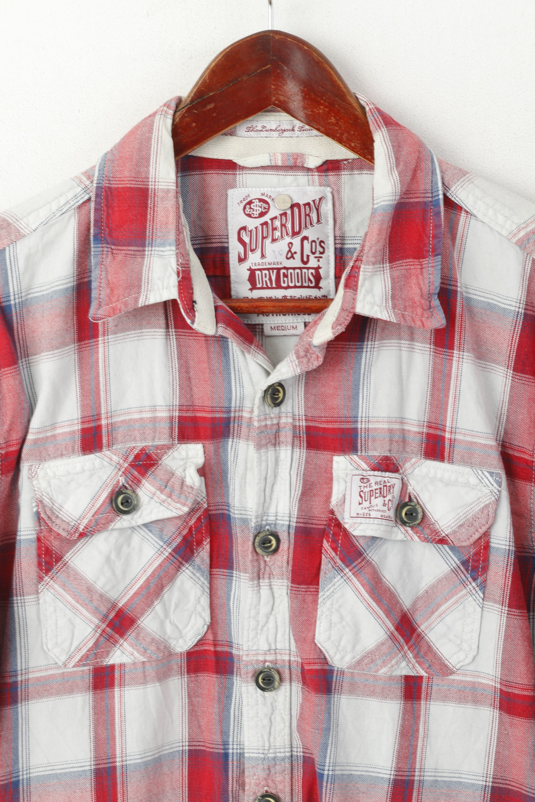 Superdry Men M (S) Casual Shirt Red Cotton Check Pockets Country Long Sleeve Top