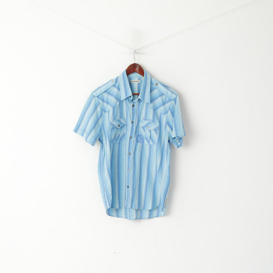 Duck and Cover Men L (M) Casual Shirt Blue Striped Cotton Snap Short Sleeve Retro Top