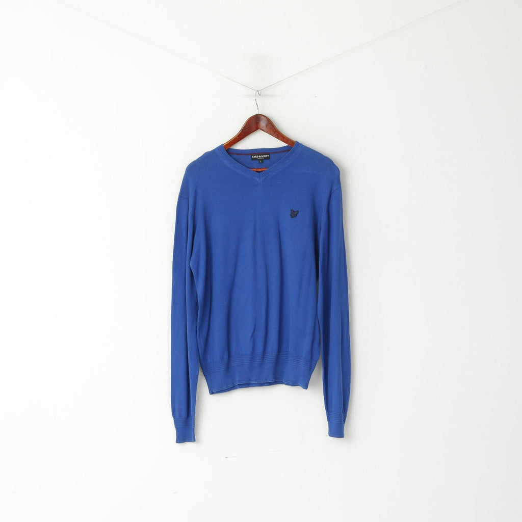 Lyle &amp; Scott Uomo L Jumper Heritage Blue Cotton Maglione elasticizzato con scollo a V tinta unita