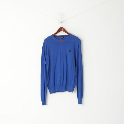 Lyle & Scott Men L Jumper Heritage Blue Cotton V Neck Strech Plain Sweater