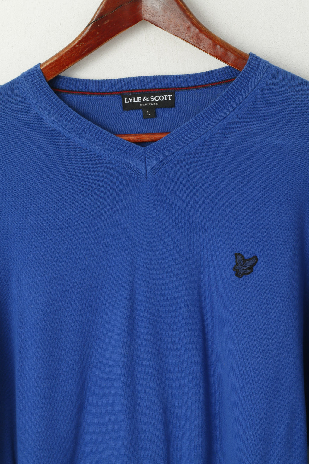 Lyle &amp; Scott Uomo L Jumper Heritage Blue Cotton Maglione elasticizzato con scollo a V tinta unita