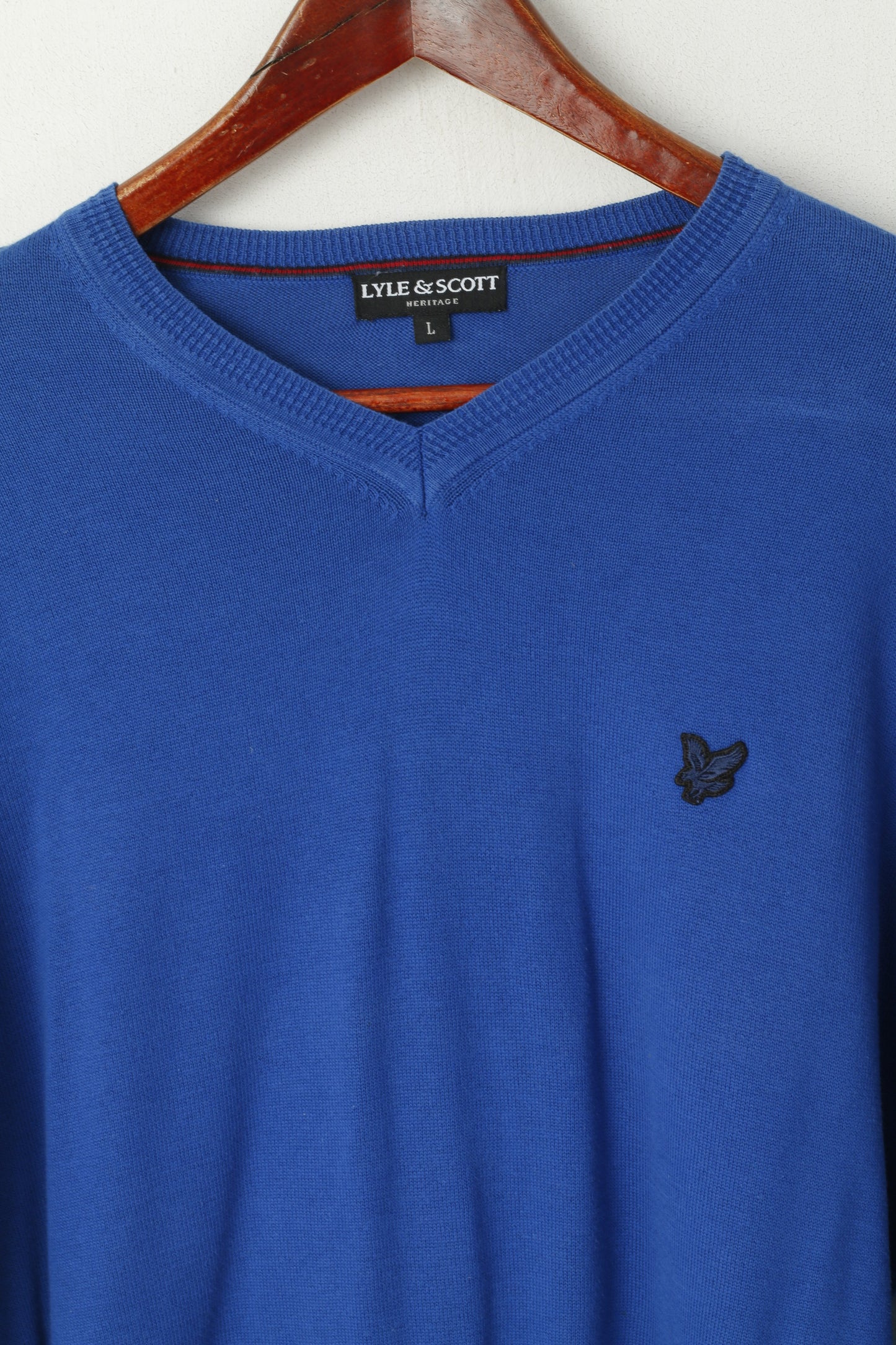 Lyle & Scott Men L Jumper Heritage Blue Cotton V Neck Strech Plain Sweater