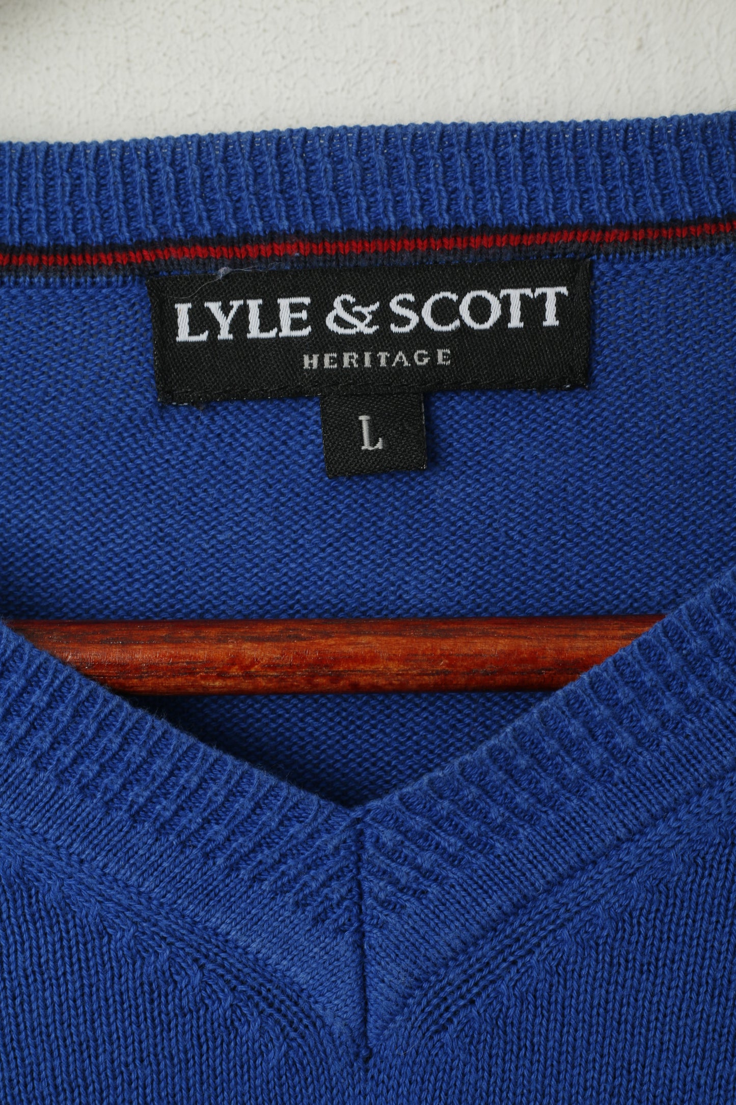 Lyle & Scott Men L Jumper Heritage Blue Cotton V Neck Strech Plain Sweater