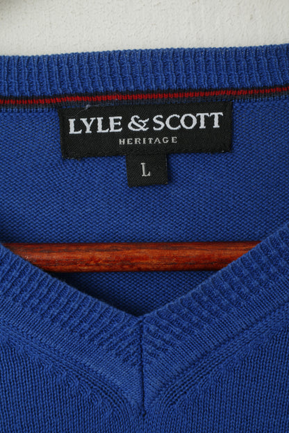 Lyle & Scott Men L Jumper Heritage Blue Cotton V Neck Strech Plain Sweater