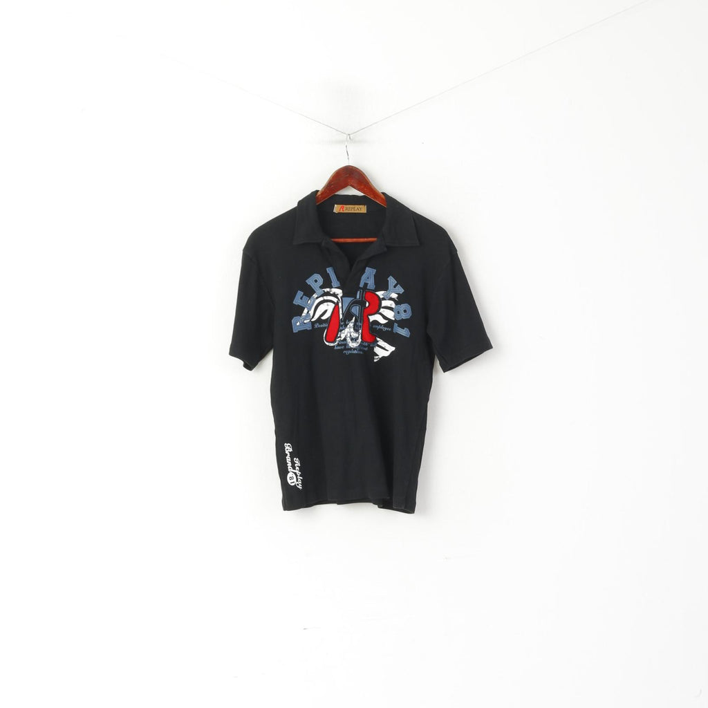 Polo Replay da uomo, top a maniche corte con grafica elasticizzata in cotone nero