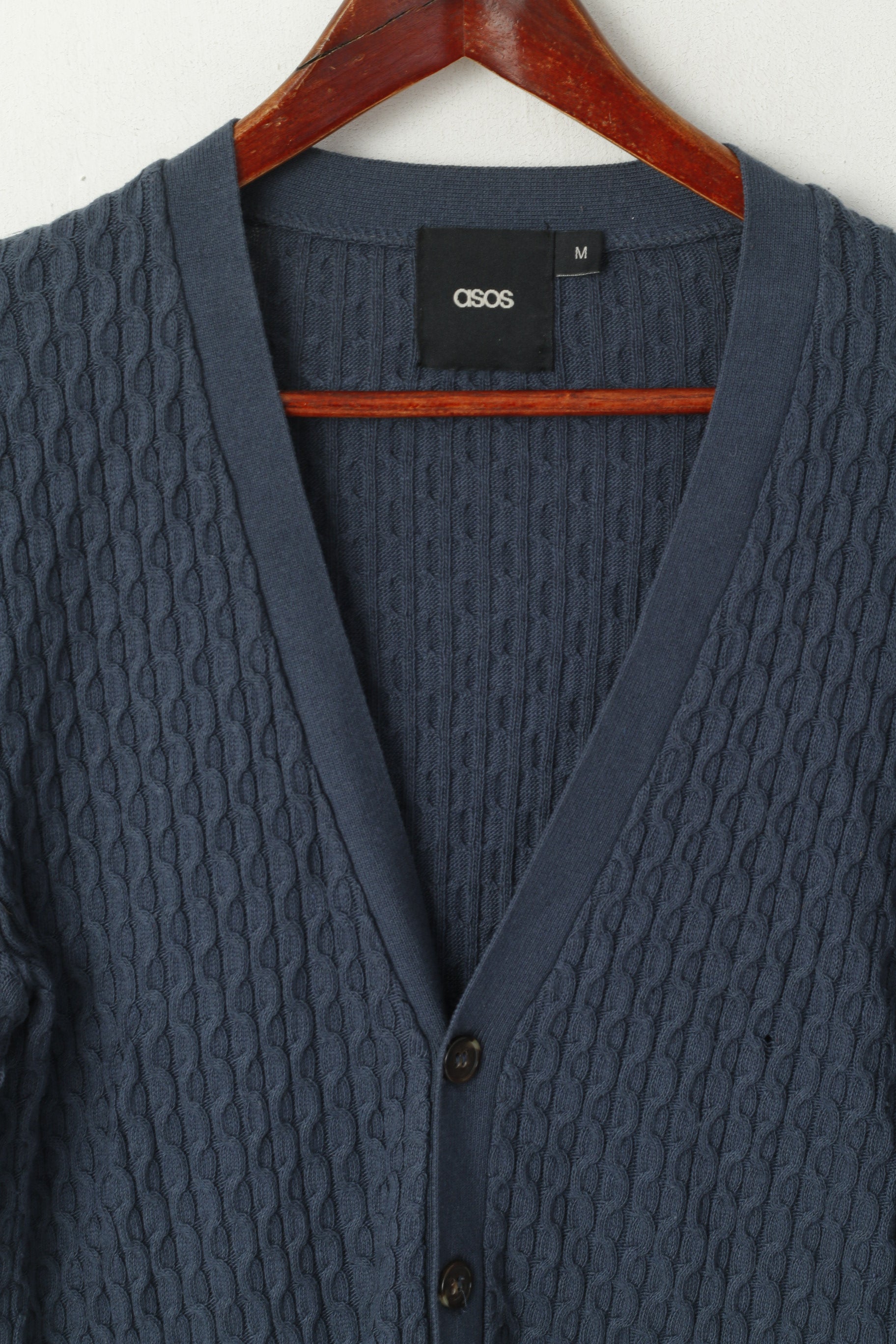 Asos Uomo Cardigan con bottoni M sul davanti Maglione in morbido cotone elasticizzato lavorato a maglia blu scuro