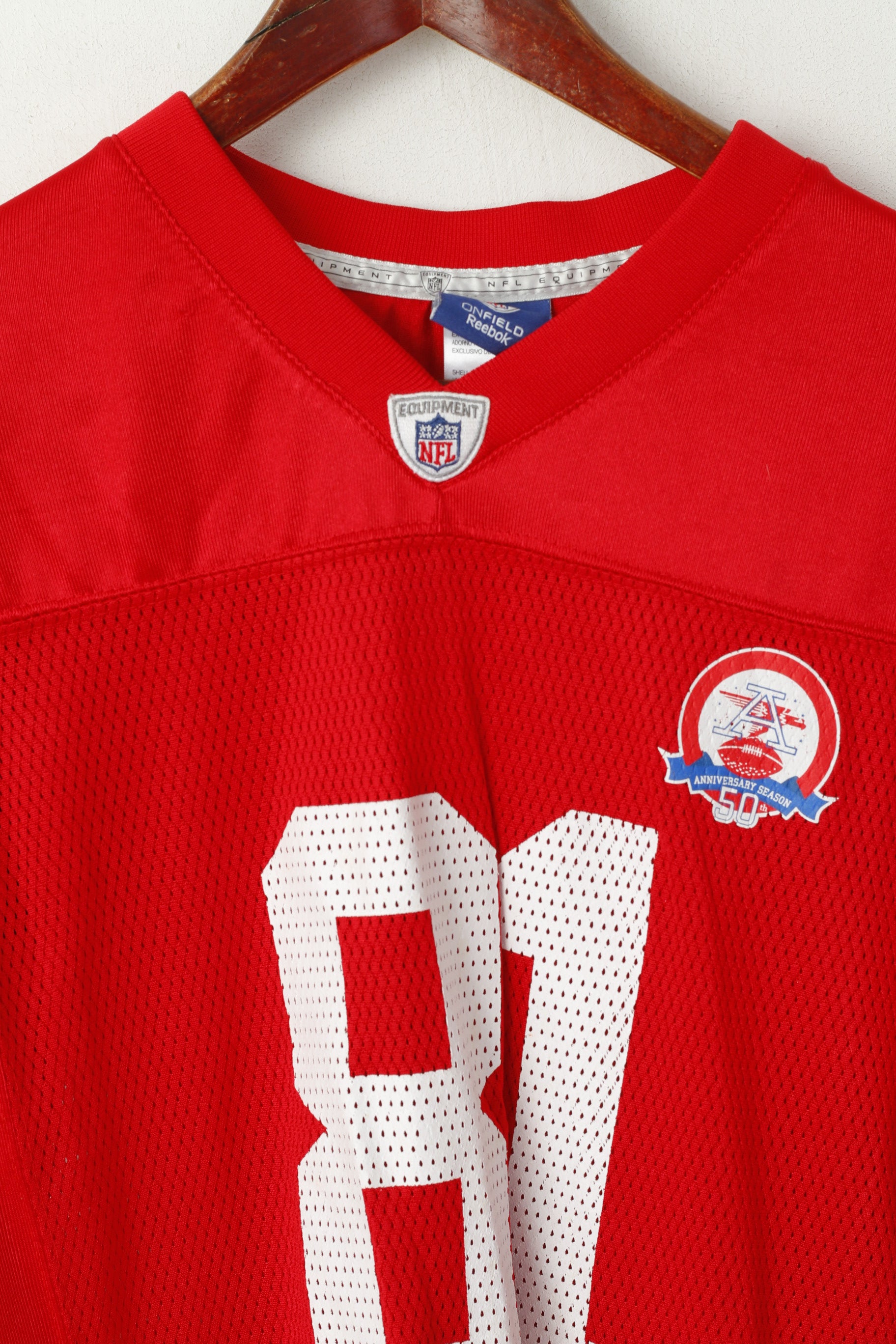 Maglia Reebok Youth 18 20 Age Maglia rossa in nylon NFL 50 ° anniversario Stagione Moss 81 Jersey Top